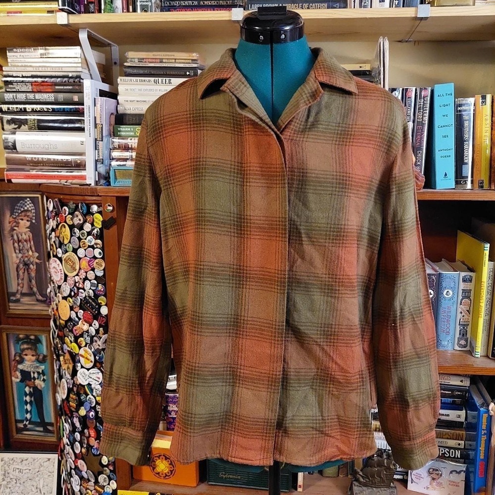 Vintage Calvin Klein Plaid‎ Button Up Shirt Orange Green Wool Blend Mens 10